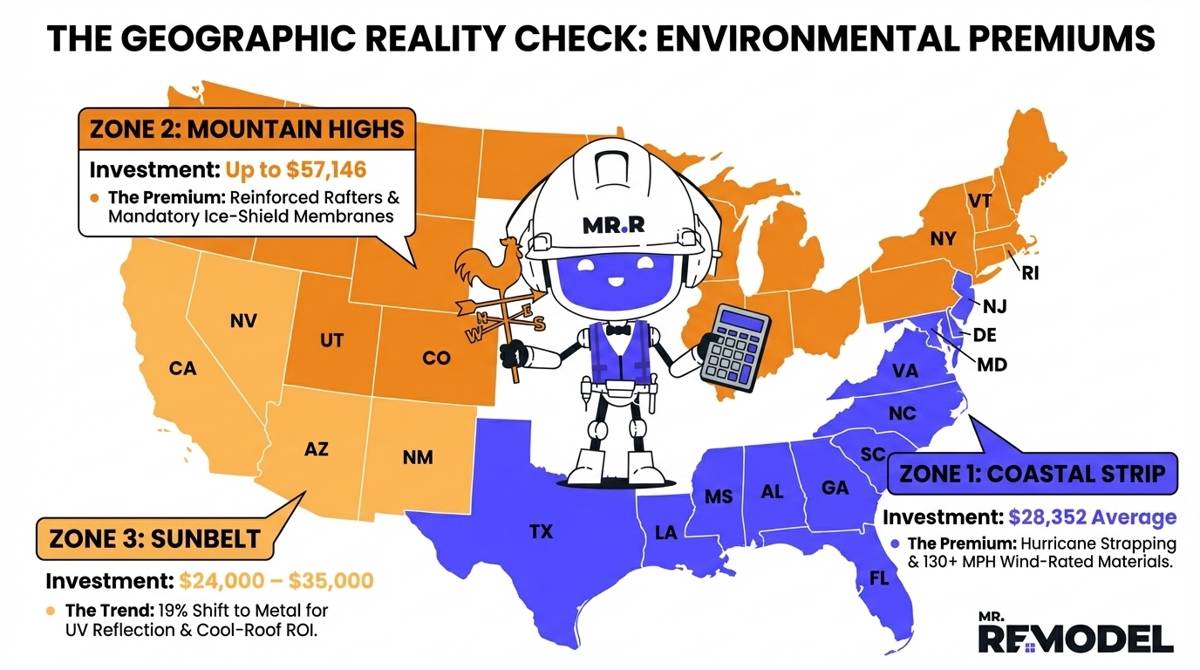 A 2026 regional roofing cost infographic showing how climate impacts price, ranging from $28,352 for hurricane-rated coastal roofs to $57,146 for structural snow-load reinforcement in mountain states.